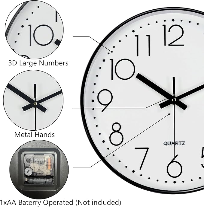 Modern Silent Wall Clock - 12 Inch Wall Clocks Battery Operated Large Number, Non-Ticking Analog Clock with Tempered Glass Quartz Clocks for Living Room Bedroom Office Kitchen, White Black
