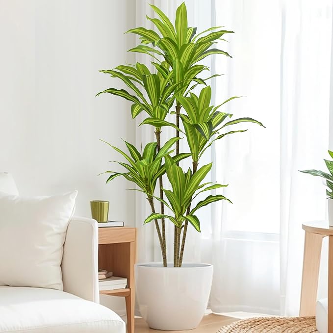 Faux Dracaena Tree 5ft(60in) Artificial Plant with Realistic Leaves and Trunks,Fake Floor Potted Tall Artificial Trees for Home Office Decor Indoor (5Feet,1Pack)