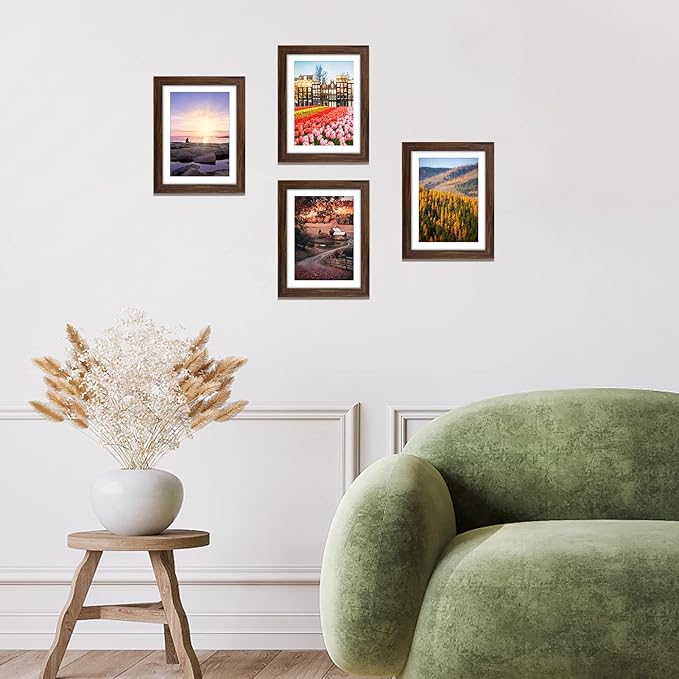 Giftgarden Brown 5x7 Picture Frame Set of 4, 6x8 Matted to 5x7 Photo Rustic Walnut Frames with Mat for Wall or Tabletop