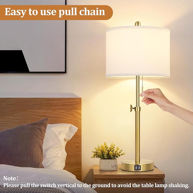Table Lamp Set of 2, Bedside Lamp with 2 USB Ports, Gold Tall Table Lamp for Living Room End Tables, 23" to 30" Height Adjustable Lamp for Bedroom, Farmhouse Table Lamps with Pull Chain, E26
