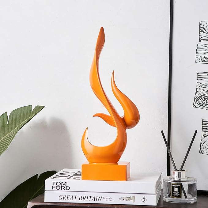 FJS Orange Decor Modern Flame Statue Decorations for Living Room, 15.3" H Resin Sculptures Home Décor Accents, Abstract Art Sculpture for Shelf Dining Room Office Coffee Table Centerpiece