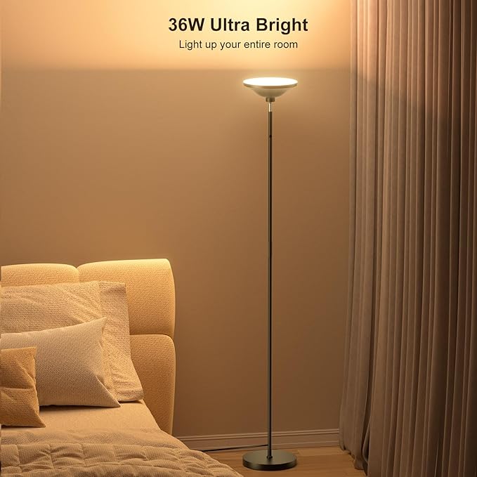36W Bright Floor Lamps for Living Room, 2 in 1 LED Torchiere Floor Lamps, Standing Lamp for Bedroom, Tall Floor Lamp for Office, Black Modern Reading Lamp