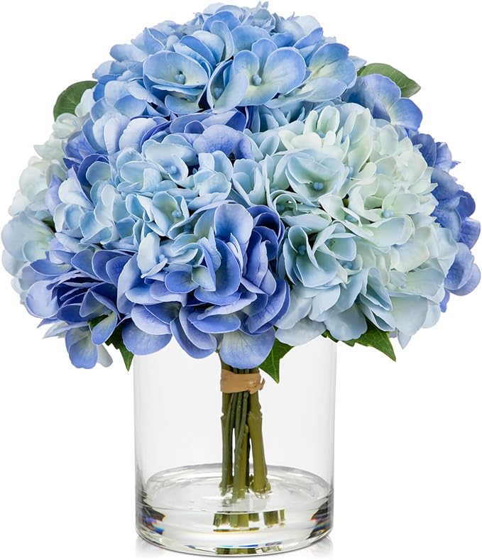 Hollyone Blue Hydrangea Artificial Flowers in Vase Latex Real Touch Large Faux Hydrangea Flowers Arrangements Hydrangeas Fake Flower with Glass Vase with Faux Water for Table Centerpiece Home Decor ﻿