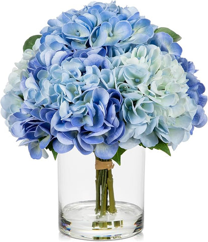 Hollyone Blue Hydrangea Artificial Flowers in Vase Latex Real Touch Large Faux Hydrangea Flowers Arrangements Hydrangeas Fake Flower with Glass Vase with Faux Water for Table Centerpiece Home Decor ﻿