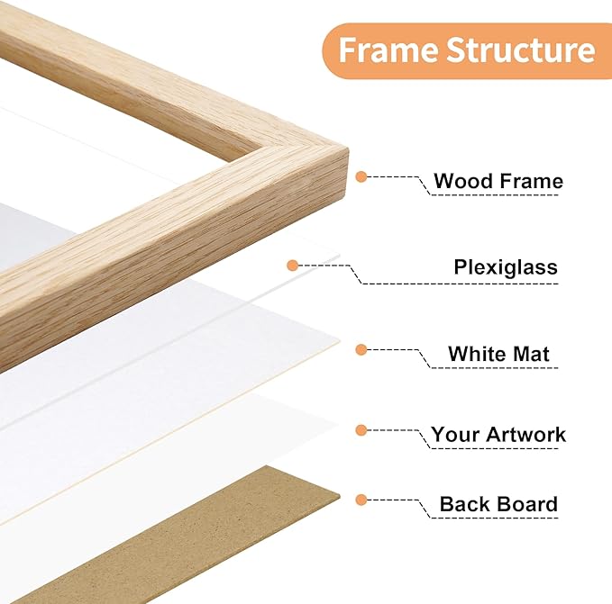 12x16 Frame with Mat for 8.5x11, Natural Solid Oak Wood 12x16 Picture Frame, Lightweight for Wall Mounting(Single,Oak)