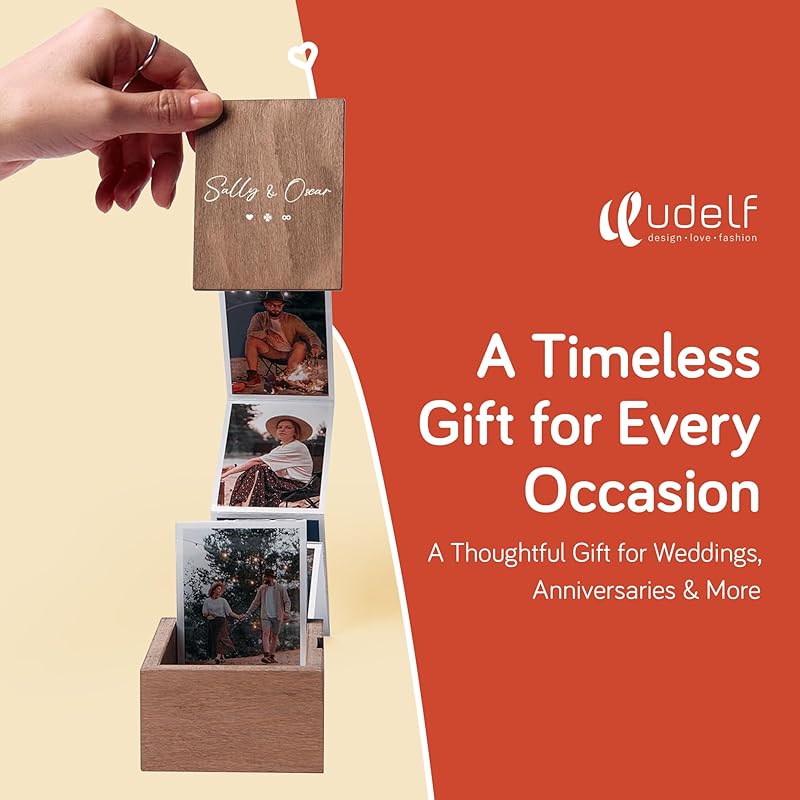 udelf Personalized Wooden Photo Box Gift with Accordion Picture Pull Out - Custom Gifts, Wedding Keepsake Box, Anniversary Box, Picture Box Gift - Holds 14 Photo Prints, 3"x2" (Romantic-Vertical)