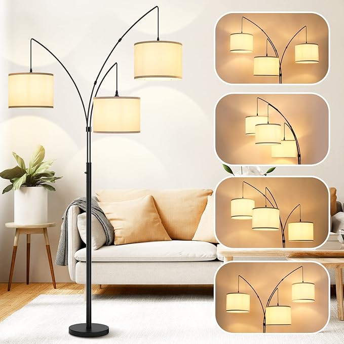 3 Lights Arc Floor Lamps for Living Room,Modern Tall Standing Lamp Hanging Over The Couch with Shades & Heavy Base,Mid Century Black Tree Floor Lamp for Bedroom Office