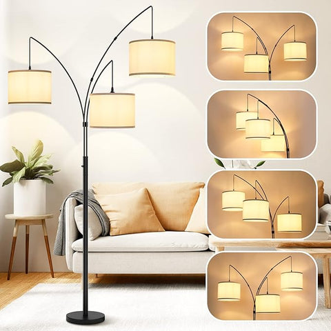 3 Lights Arc Floor Lamps for Living Room,Modern Tall Standing Lamp Hanging Over The Couch with Shades & Heavy Base,Mid Century Black Tree Floor Lamp for Bedroom Office