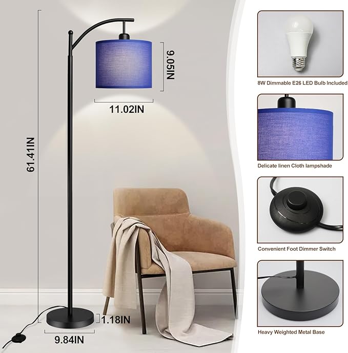 DLLT Arc Floor Lamp with 3 Color Temperatures, Standing Lamp with Linen Shade, Modern Tall Lamp for Living Room, Reading Floor Lights for Bedroom, 8W LED Bulb Included, Black with Blue Lampshade