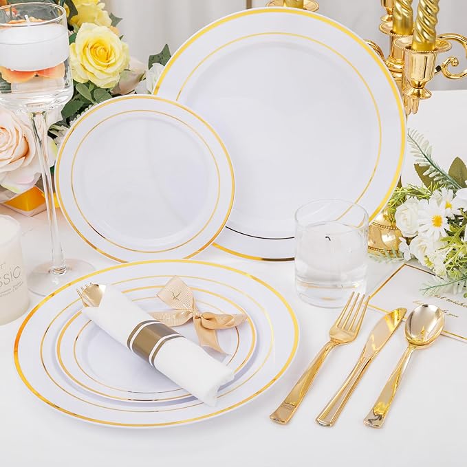 DaYammi 210PCS Gold Plastic Dinnerware Set for 30 Guests, Fancy Disposable Plates for Party, Include: 30 Dinner Plates, 30 Dessert Plates, 30 Pre Rolled Napkins with Gold Silverware, 30 Cups