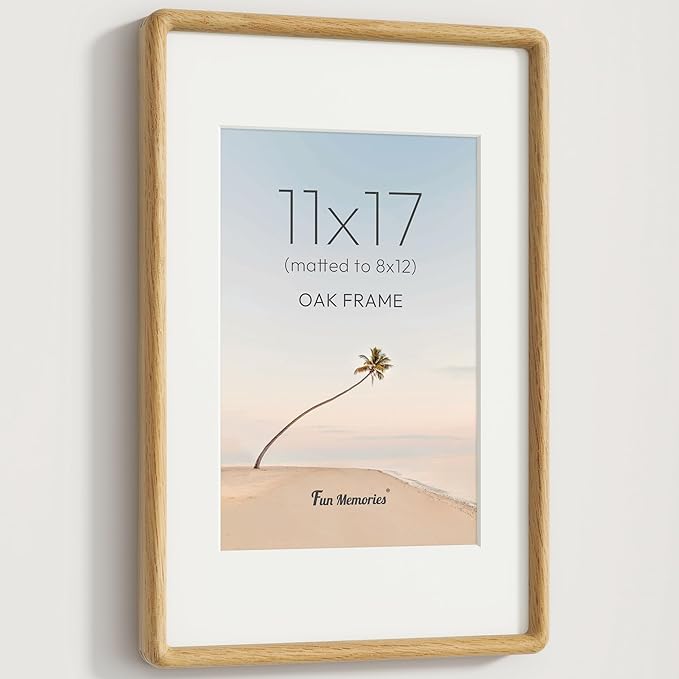 11x17 Picture Frame, Solid OAK Wood Frame with Real Glass, Hard Wood 11 by 17 Photo Frame for Wall & Tabletop Display, Picture Frame Matted to 8x12, Natural OAK Color