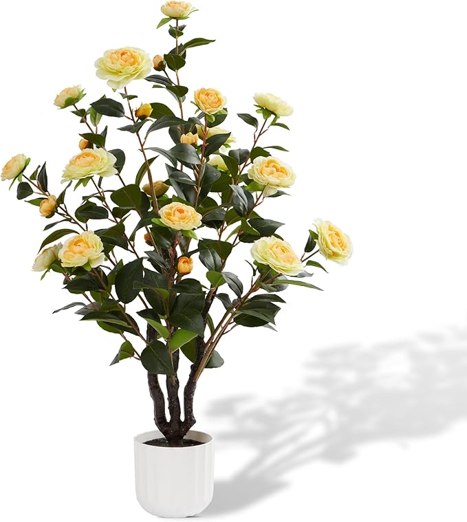 3.2FT Artificial Camellia Tree, Yellow Silk Flowers, Indoor Faux Plants with Realistic Trunk in White Cement Pot for Home House Living Room Bedroom Office Decor, 1pc