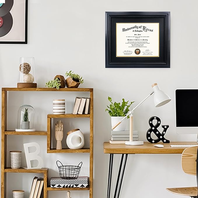 11x14 Diploma Degree Frame with Mat or Display 15x18 Certificates without Mat,Solid Wood,Black Finish with Intricate Black Rope Detail,UV Protection Acrylic