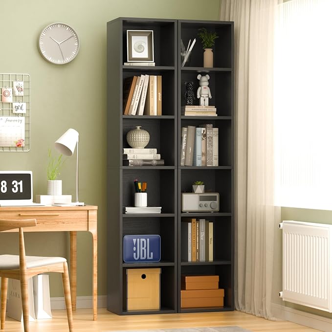 71.5" Tall Narrow Bookshelf, 6 Tier Floor Standing Bookcase, Open Bookshelves Storage Organizer Display Shelves, Modern Corner Bookshelf Storage Cabinet for Living Room, Office, Black