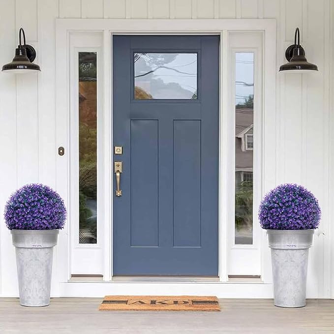 2 PCS 16 Inch Artificial Plant Purple Topiary Ball, Anti-Fading Faux Decorative Boxwood Balls, Hanging Fake Plants Balls for Garden, Wedding Party, Patio Indoor Outdoor Decor (Blue)