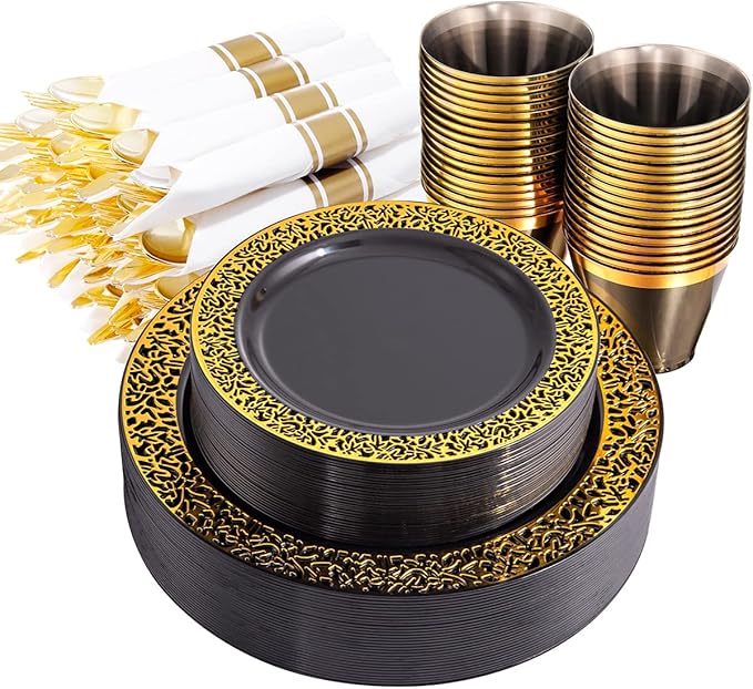 NOCCUR 210pcs Black and Gold Dinnerware Set - Black Disposable Plates and Napkins Party Supplies Include 60 Dinner/Dessert Plates, 30 Prerolled Plastic Cutlery&30 Cups for Party, Birthday, Halloween