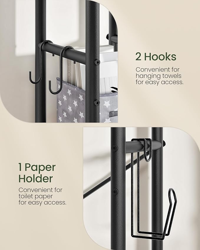 Over The Toilet Storage, 6-Tier Bathroom Organizer Shelf, Over-Toilet Storage Cabinet with Toilet Paper Hook, Space Saving, for Bathroom, Laundry, Entryway, Rustic Brown and Black TTS02BF
