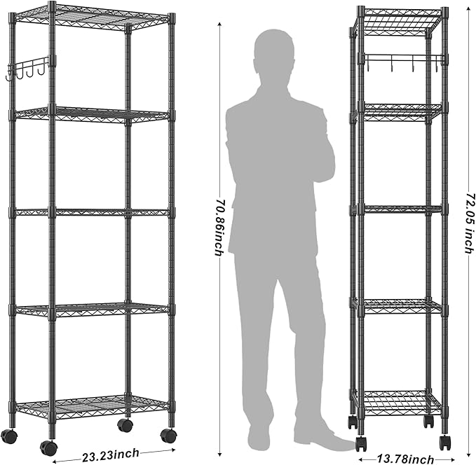 Homdox 5 Tier Wire Shelving Unit on Wheels, Adjustable Storage Racks and Shelving, Heavy Duty Rolling Metal Shelves with Side Hooks for Laundry Bathroom Kitchen Garage Pantry Organization, Black