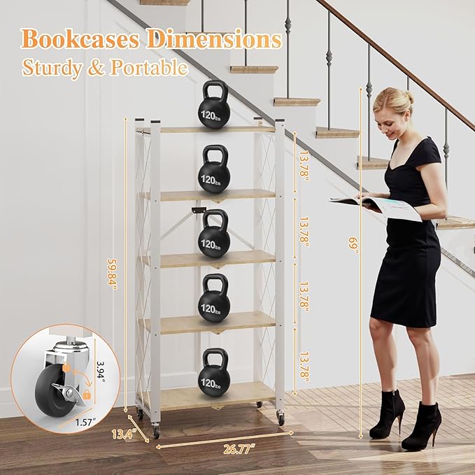 BAOYOUNI 5-Tier Vintage Industrial Bookshelf - No Assembly Folding Storage Shelf with Woodgrain Finish | Collapsible Metal Bookcase for Living Room, Office & Bedroom