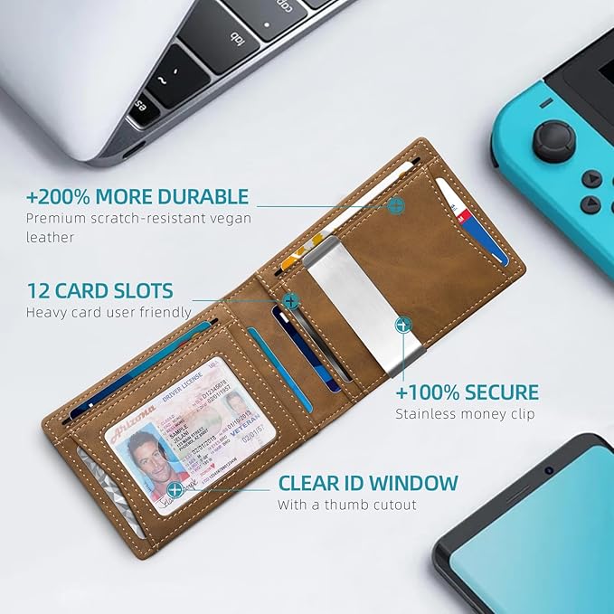 Zitahli Slim Wallet for Men Gifts 12 Card Slots ID Window With Money Clip Minimalist RFID Front Pocket Bifold Leather Small Thin Gift Box Dad Birthday Christmas Regalos Hombres