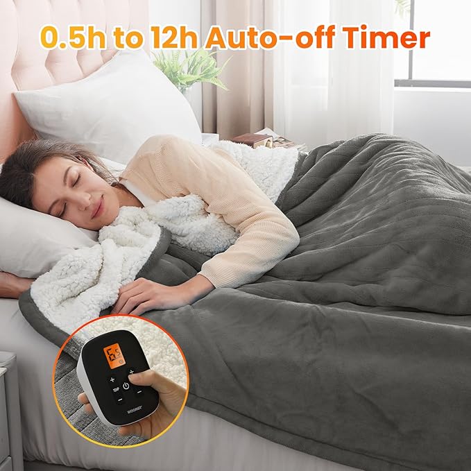 WOOMER Heated Throw Blanket Full Size, Soft Flannel Fast Heating Blanket with Multi-Color Option, 77"x 84", 10 Heating Levels & 0.5-12H Auto Off, Over-Heat Protection