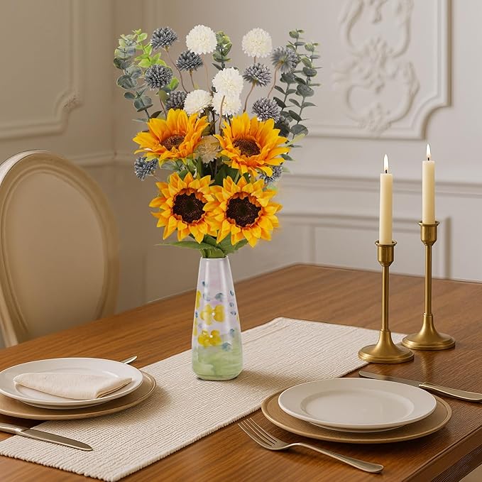 Fake Sunflowers with Hand-Painted Vase,16" Artificial Flowers in Small Ceramic Vase,Silk Flower Eucalyptus Bouquet Faux Arrangements for Home Living Room Kitchen Office Coffee Table Decor