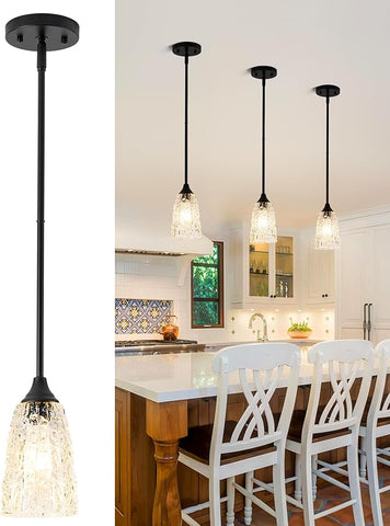 Glass Pendant Lights Kitchen Island, 1-Light Modern Black Pendant Light Fixtures with Hammered Clear Glass and Rods, Farmhouse Mini Hanging Light for Kitchen Sink Dining Room Bedroom, E26