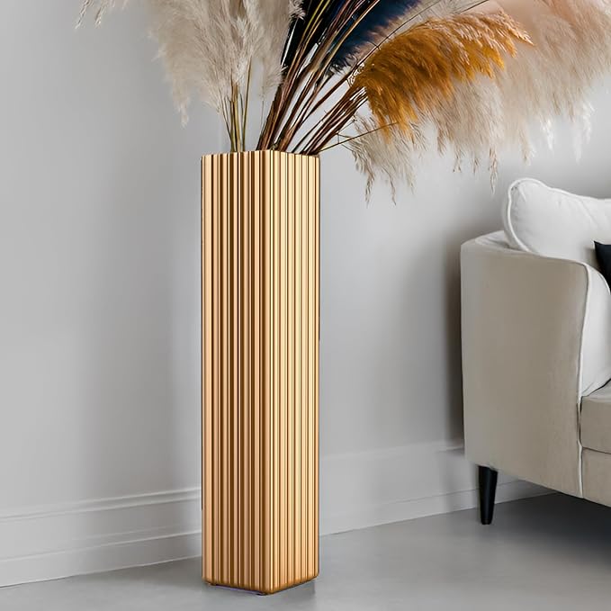 Tall Floor Vase 27.5 Inch Gold Resin Modern Elegant Vase for Entryway Fireplace Decor Lightweight Rectangle Skinny Narrow Centerpiece Sturdy