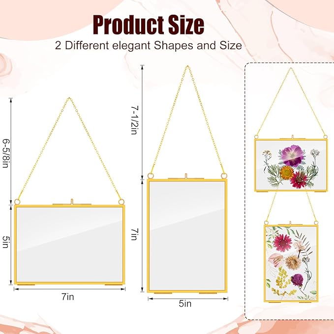Barydat 12 Pack Pressed Flowers Glass Frames, 5 x 7 Inch Brass Hanging Floating Frame with Chain, Double Glass Photo Display for Dried Flowers, Plant Specimen, Artwork Display (Gold)