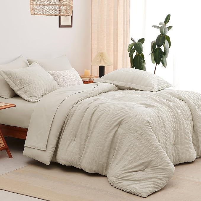 CozyLux Queen Comforter Set Oatmeal Seersucker 7 Pieces Bed in a Bag Queen Comforter Set with Sheets Luxury Soft Bedding Set with Down Alternative Comforter, Sheets, Pillowcases & Shams for All Season