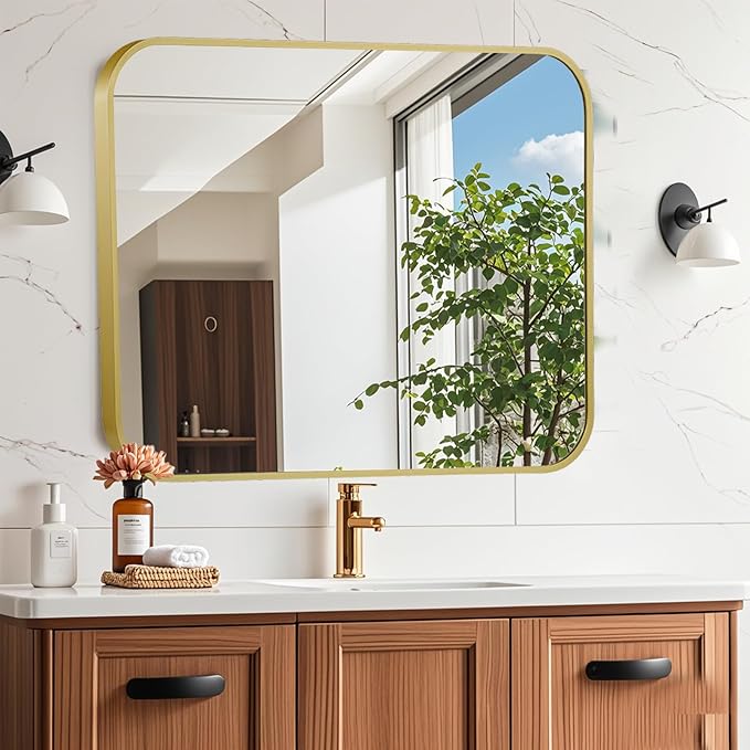30x36 Inch Gold Mirror, Framed Rectangle Mirror with Rounded Corner, Brushed Brass Mirror, Gold Bathroom Mirror for Over Sink, Vanity, Living Room, Bedroom, Horizontal/Vertical