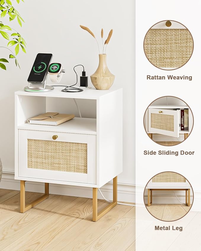 Rattan Nightstand with Charging Station, Boho Night Stand Farmhouse Wood Bedside Table with Storage and Open Shelf, End Side Accent Table for Bedroom,Living Room,White