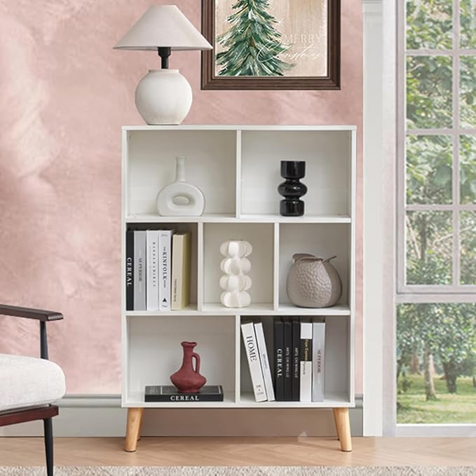 7 Cube Wood Bookshelf, 3 Tier Modern Bookcase with Legs, Open Display Cubby Bookshelf Freestanding Book Shelves for Home Office, Living Room, Bedroom, White