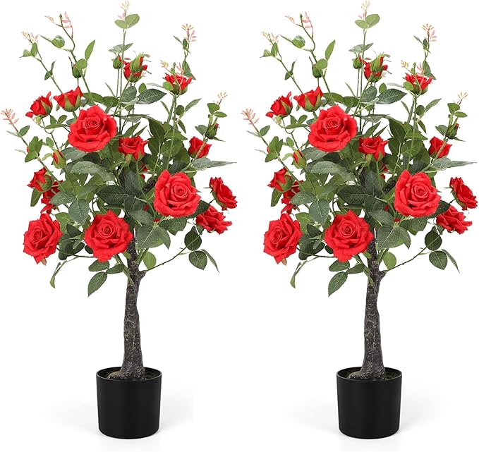 Romantic season 2Pack Artificial Rose Flower Trees, 42Inch Red Faux Rose Tree with Green Leaves for Living Room Office Home Outdoor Indoor Decor