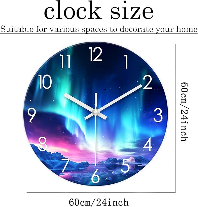 XNM Oversized Glass Battery Wall Clock Decorative 24 Inch Polar Light Teal Wall Clock for Office Round Non Ticking Clocks for Walls