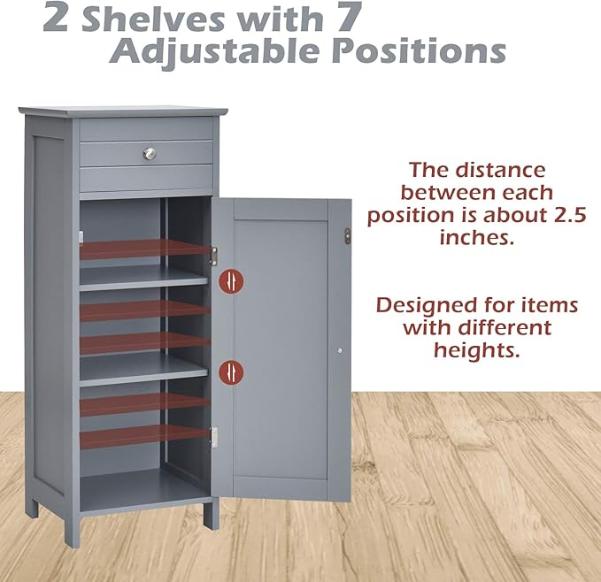 GLACER Floor Storage Cabinet, Multifunctional Bathroom Storage Cabinet with 2 Adjustable Shelves, Ideal for Bathroom, Living Room, 14 x 12 x 34.5 inches (Grey)