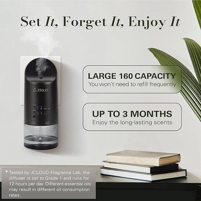 JCLOUD 2025 Plug in Diffuser for Essential Oils, Waterless Scent Diffuser Cover Up to 500 Sq. Ft. for Home, Office, Spa – Portable Smart Wall Diffuser 160ML, Black