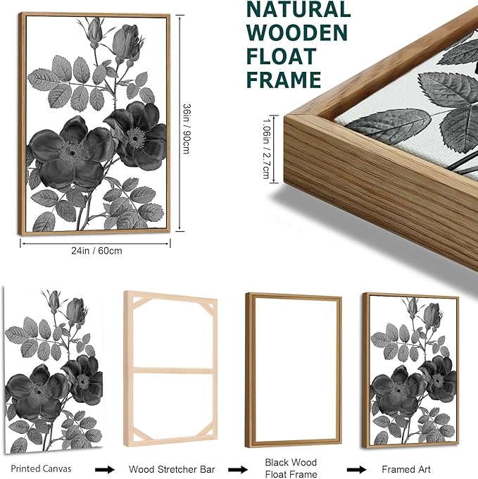 Large Framed Canvas Wall Art - Natural Float Framed Black Gray Flowers Pictures Decor Simple Blossom Leaves Botanical Artwork for Living Room Bedroom Kitchen Home Office Decoration 72" X 36" Set of 3