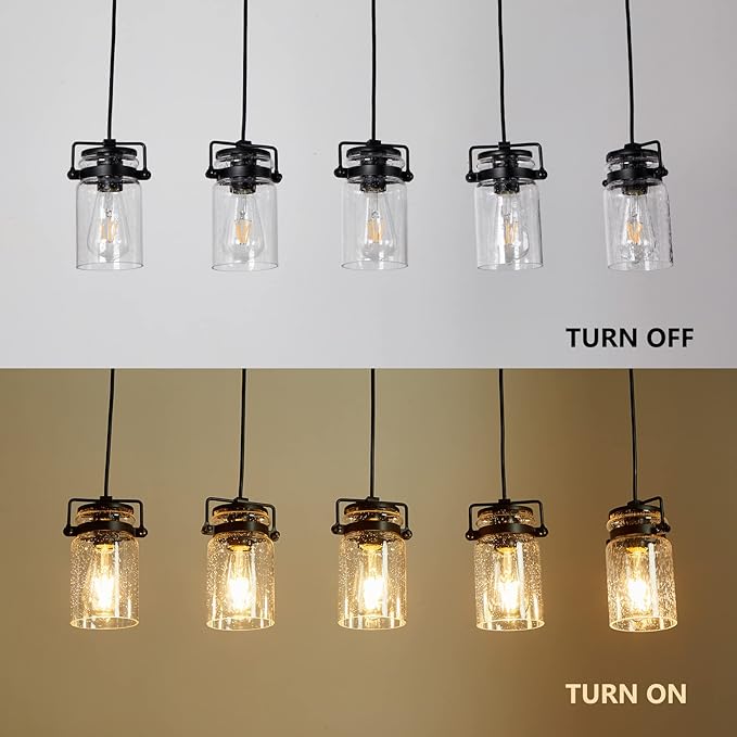 Pendant Light Kitchen Island Lighting, 5-Light Pendant Ceiling Light Fixture, 67.71 inches Hanging with Clear Glass Shade,Farmhouse Chandeliers for Dining Room Bedroom Hallway - Black