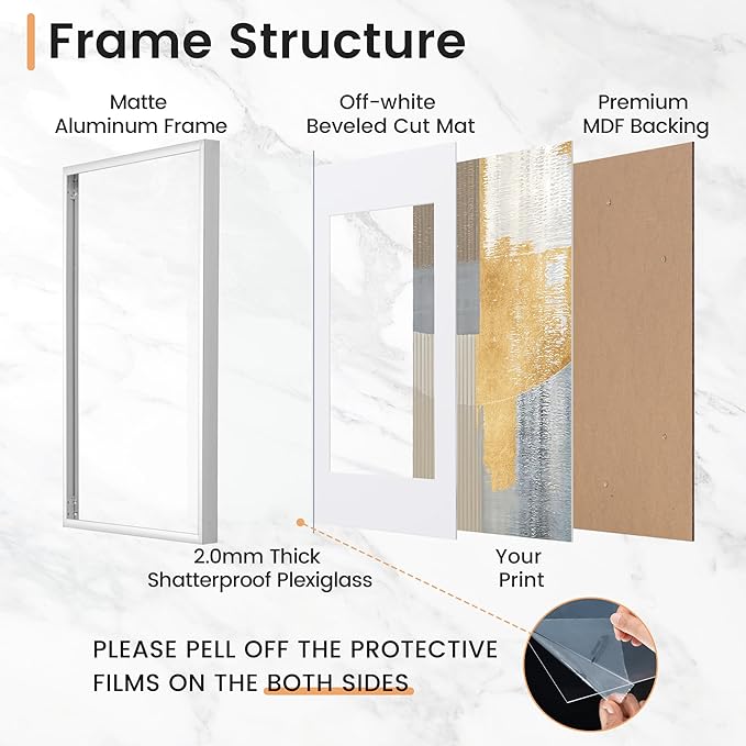 8x10 inch Metal Picture Frame - 8 x 10 Thin Aluminum Photo Frames with 5x7 Removable Mat - High Definition Plexiglass - Ideal for Wall or Tabletop Display - Wall Hook Hanging Hardware Included - Silver, Set of 4