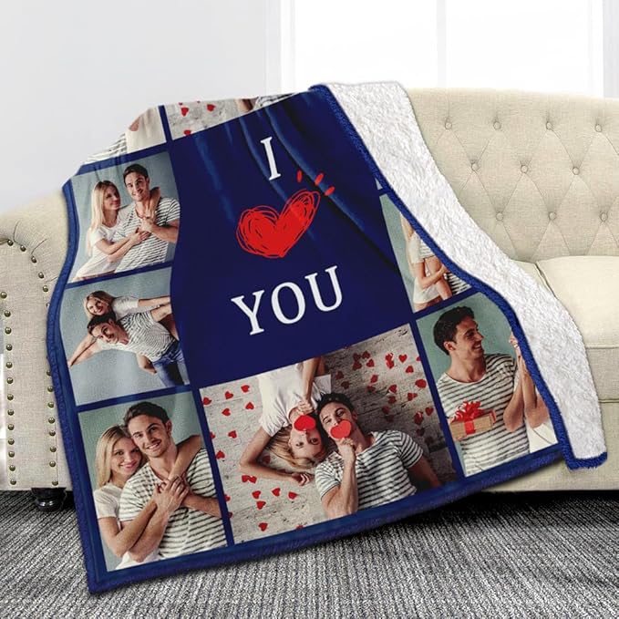 Custom Sherpa Fleece Blanket with Photos Text - Soft, Warm & Fuzzy Personalized Couples Gifts for Boyfriend, Girlfriend - Customized Picture Blanket for Birthday, Anniversary, Christmas