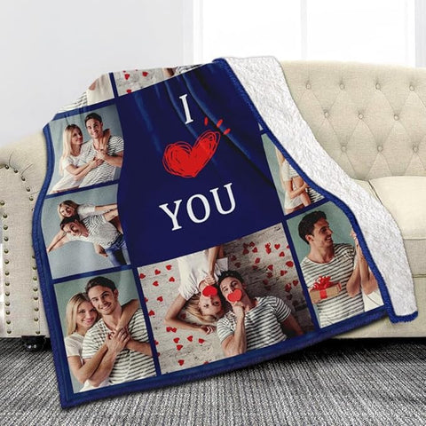 Custom Sherpa Fleece Blanket with Photos Text - Soft, Warm & Fuzzy Personalized Couples Gifts for Boyfriend, Girlfriend - Customized Picture Blanket for Birthday, Anniversary, Christmas