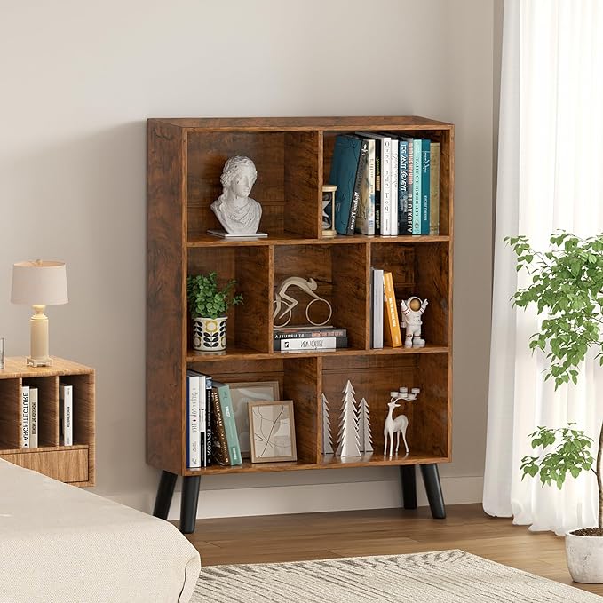 LEYAOYAO 7 Cube Bookshelf, 3 Tier Modern Bookcase with Legs, Mid-Century Modern Wood Book Shelves Storage, Rustic Brown Book Case, Freestanding Organizer Display Shelf for Bedroom,Living Room,Office