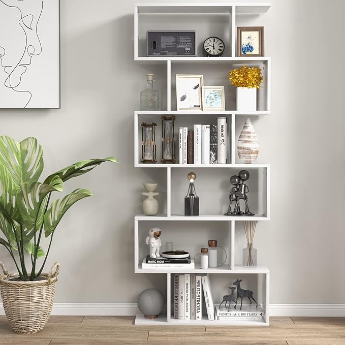 Tangkula 6-Tier Geometric Bookcase, Modern S-Shaped Storage Display Bookshelf for Living Room, Anti-Toppling Device, Home Office Wooden 6 Shelf Open Bookcase (2, White)