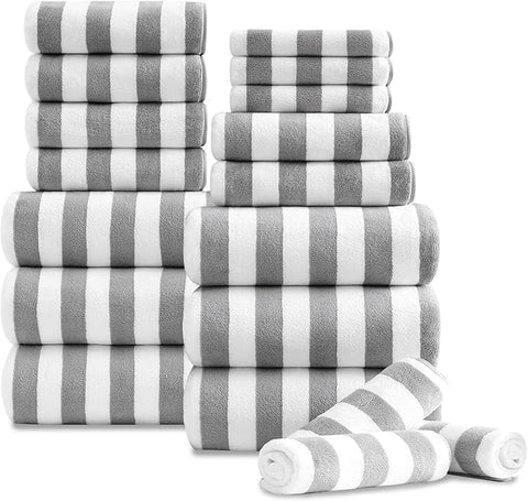 Oliven 18 Pcs Coffee Cabana Stripe Family Towels Set-6 Bath Sheets,6 Hand Towels,6 Washcloths Soft Jumbo Bathroom Towels Absorbent Shower Towel Quick Dry Beach Chair Towel Spa Gym Hotel Towel Set