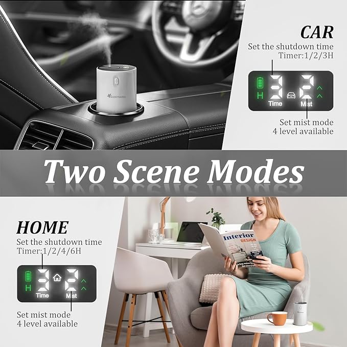 Waterless Diffuser for Essential Oil - Aroma Diffuser for Home with Battery Indicator, Portable Smart Scent Air Machine 1/2/3 & Continuous Mist, Timing & Auto-Off Function (White)
