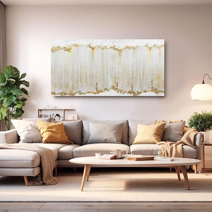 WINKAILIN White and Gold Canvas Wall Art Modern Abstract Wall Decor for Living Room Gold Line Office Decor 24"x 48" Textured Wall Prints Ready to Hang