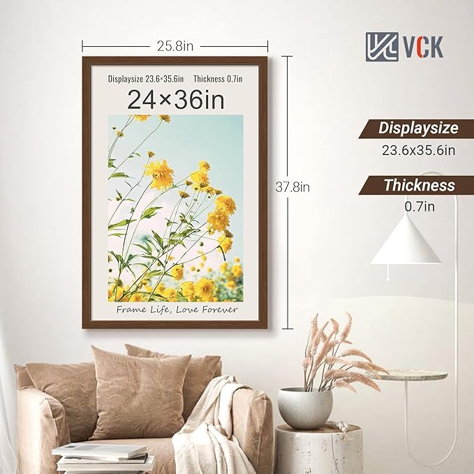 VCK 24x36 Poster Frame Set of 4 - Brown, Gallery-Quality Wood Picture Frames, 1.1-Inch Wide Border, Polished Plexiglass, Vertical or Horizontal Wall Display for Photo/Art/Prints, Brown
