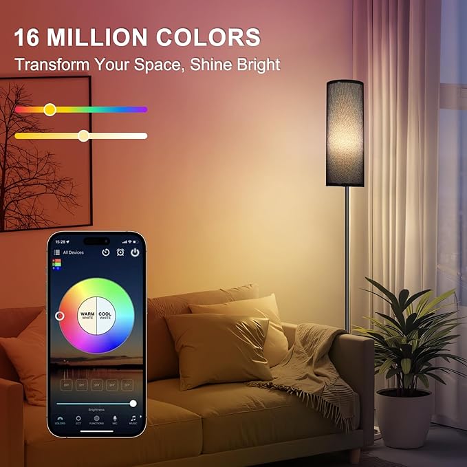FRIDEKO HOME Black Floor Lamps for Bedroom, Dimmable Colors Temperature & Brightness, Modern Floor Lamps for Living Room, Tall Standing Lamps for Home Decor, Corner Lamp, 9W RGB LED Bulb, Foot Switch