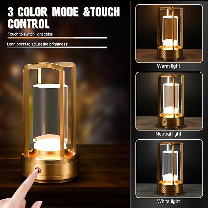 Portable Metal Table Lamp,Cordless Table Lamp, Rechargeable Battery Operated Lights, LED Table Lamps, 3 Color Stepless Dimming Touch, for Bedroom Restaurant Home Outdoor (Golden)